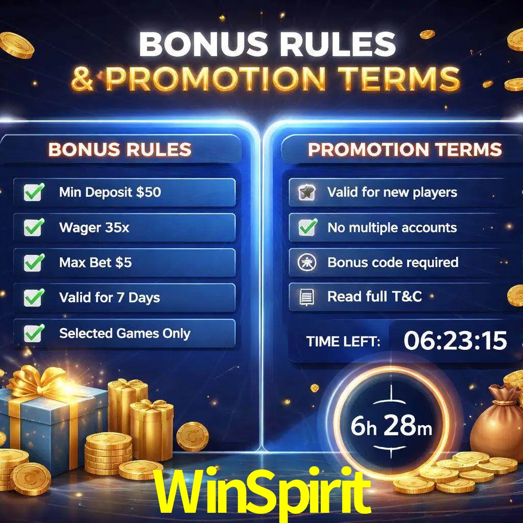 Reglas de promoción WinSpirit y condiciones de bonos explicadas visualmente