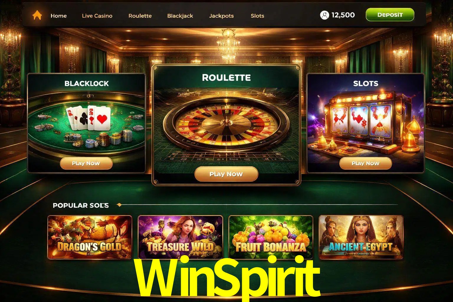 Vista de la plataforma WinSpirit Casino mostrando categorías organizadas de juegos en línea