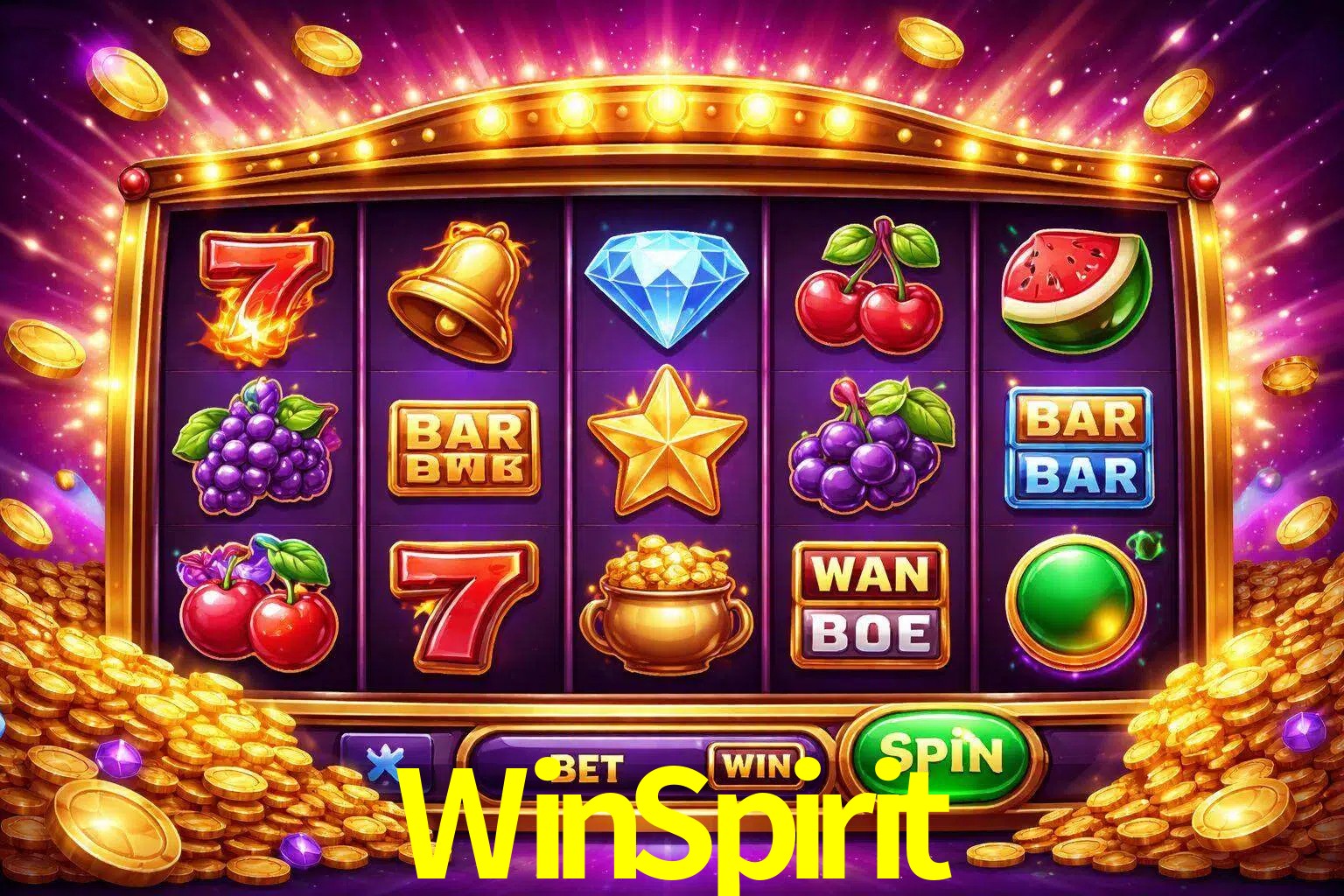 Una interfaz colorida de tragamonedas en línea con símbolos brillantes, monedas y un efecto de victoria celebratoria en WinSpirit.