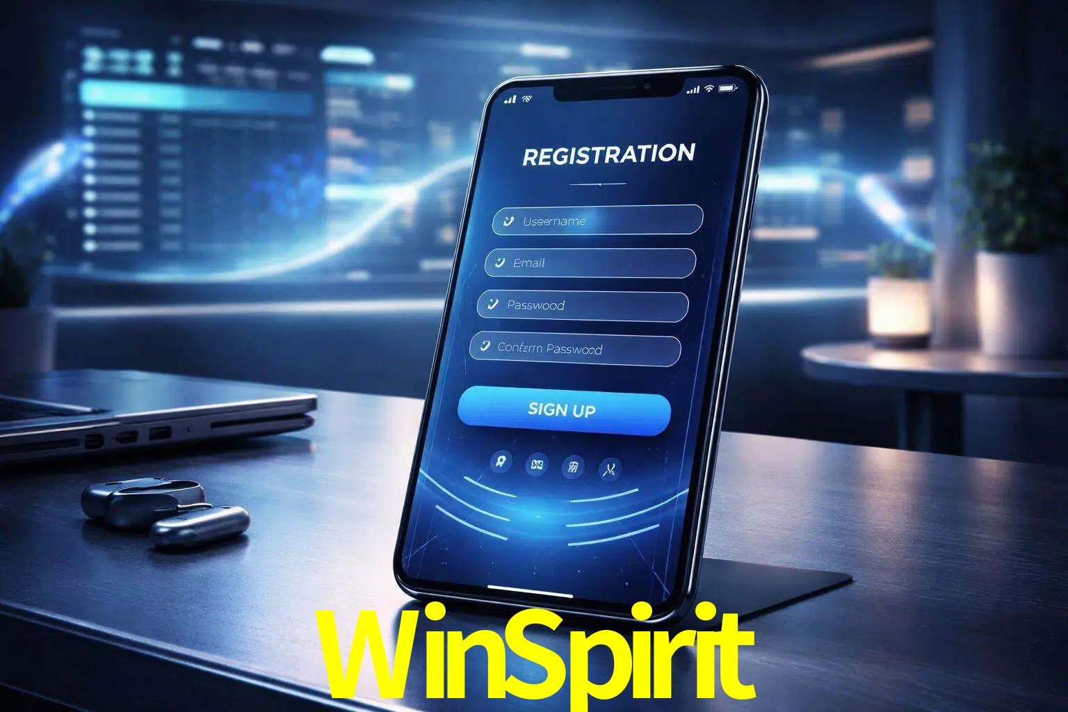 Una interfaz moderna de registro móvil para WinSpirit mostrada en un smartphone con un panel de apuestas elegante.